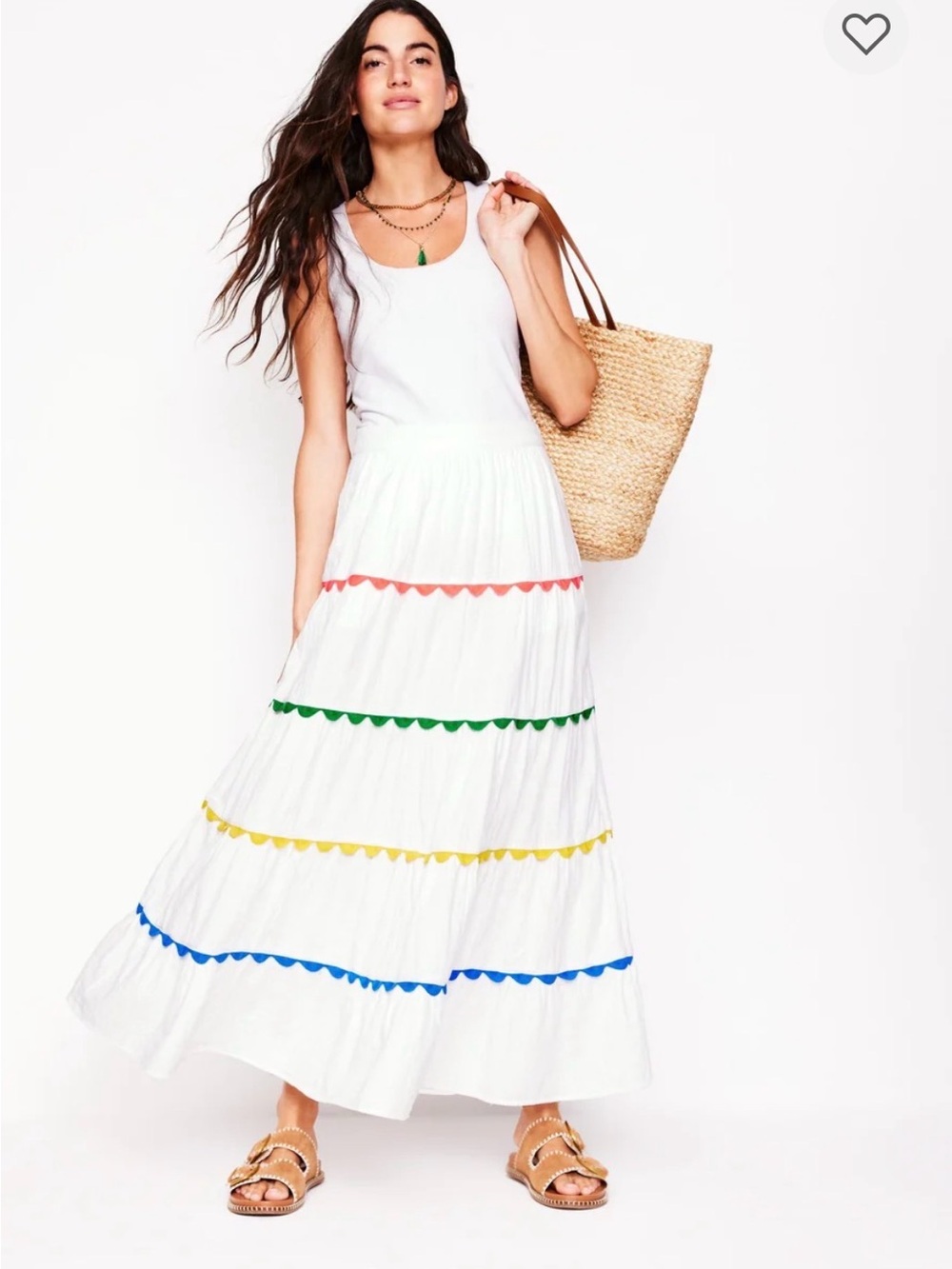 Boden White Maxi Skirt with Pink, Green, Yellow & Blue Trim